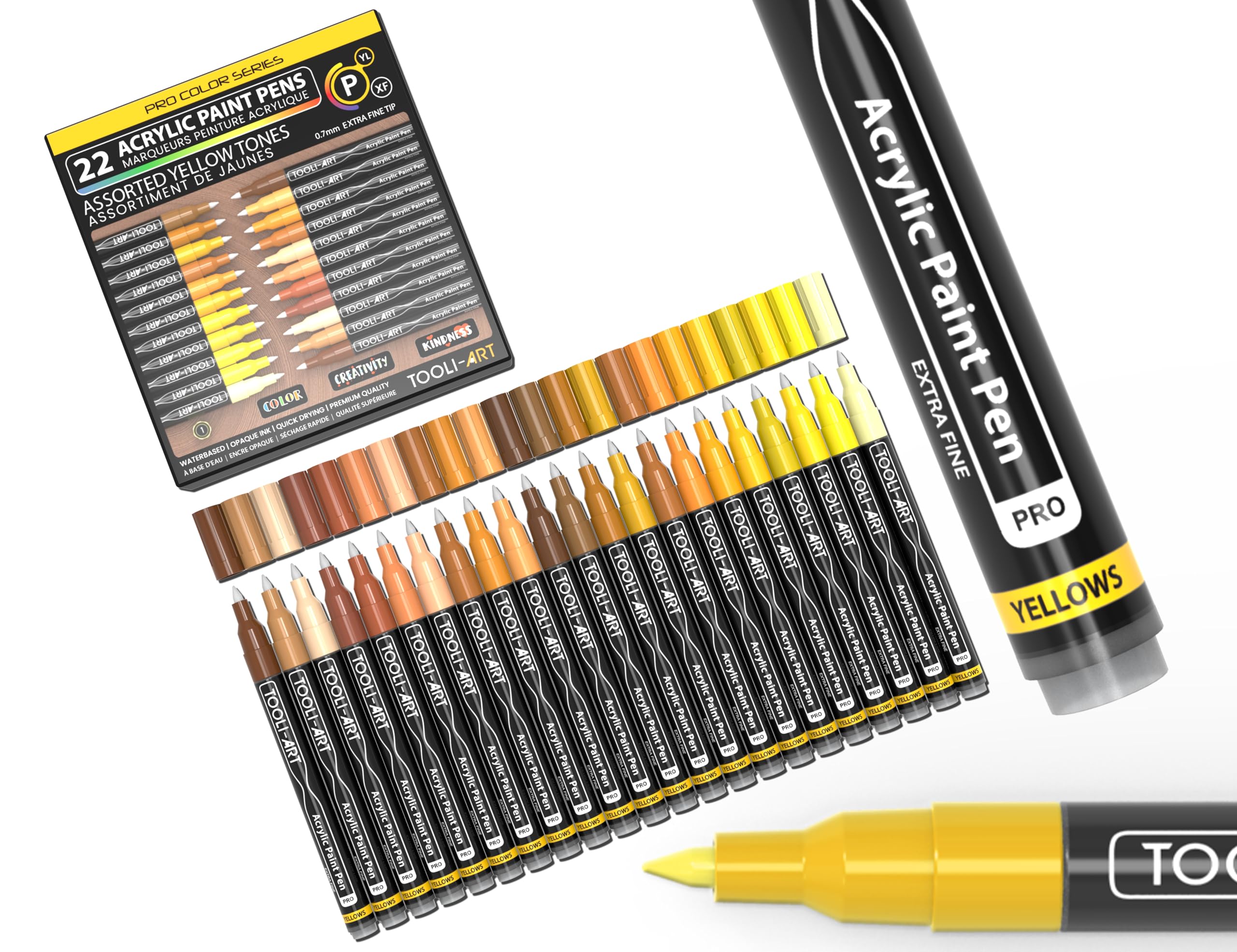 Acrylic Paint Pens 22 Yellow & Brown Tones Assorted Pro Color Series Markers Set 0.7mm Extra Fine Tip for Rock Painting, Glass, Mugs, Wood, Metal,