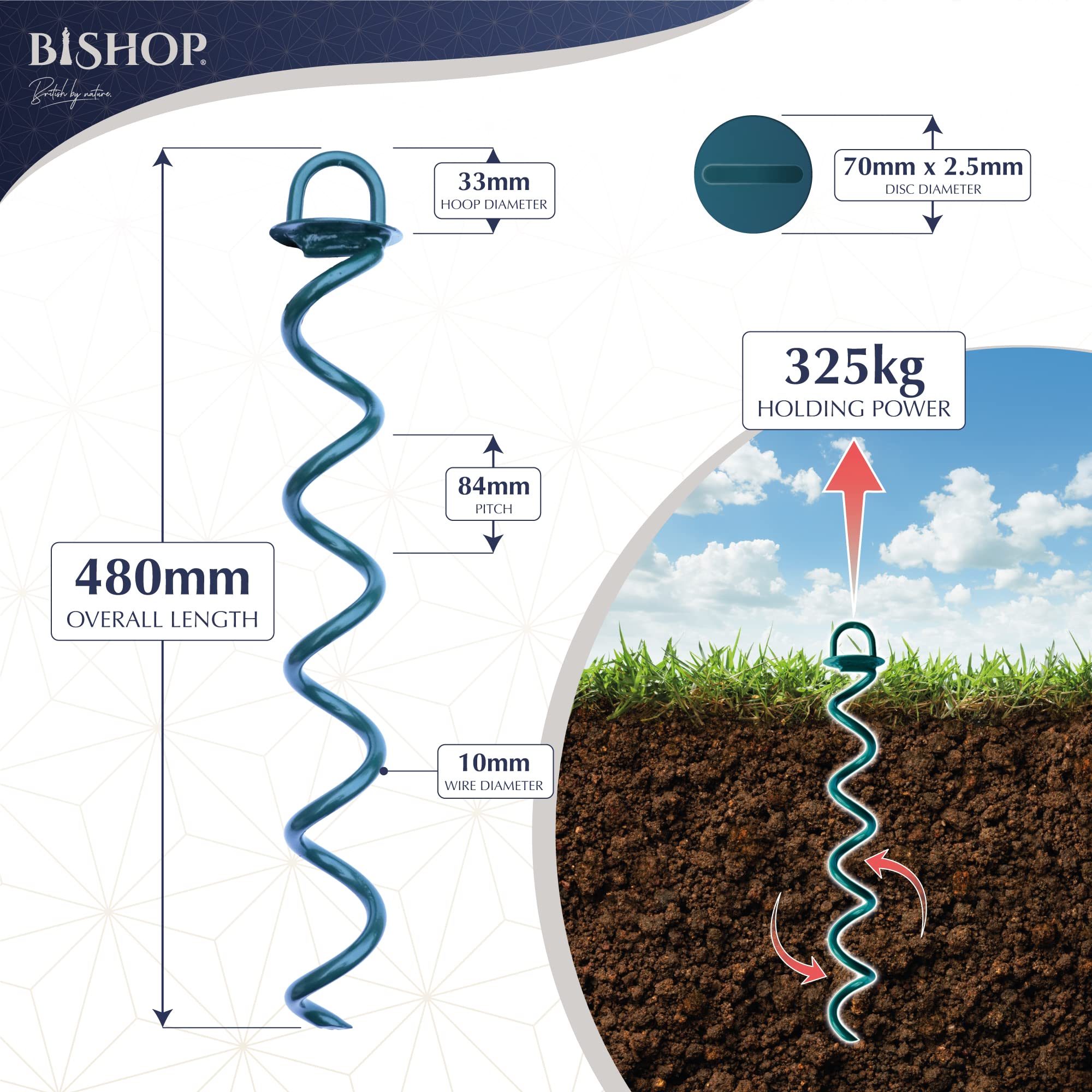 Bishop Security Ground Anchors Universal Screw For Trampolines, Tarpaulins & Swings (480mm, Pack Of 4)