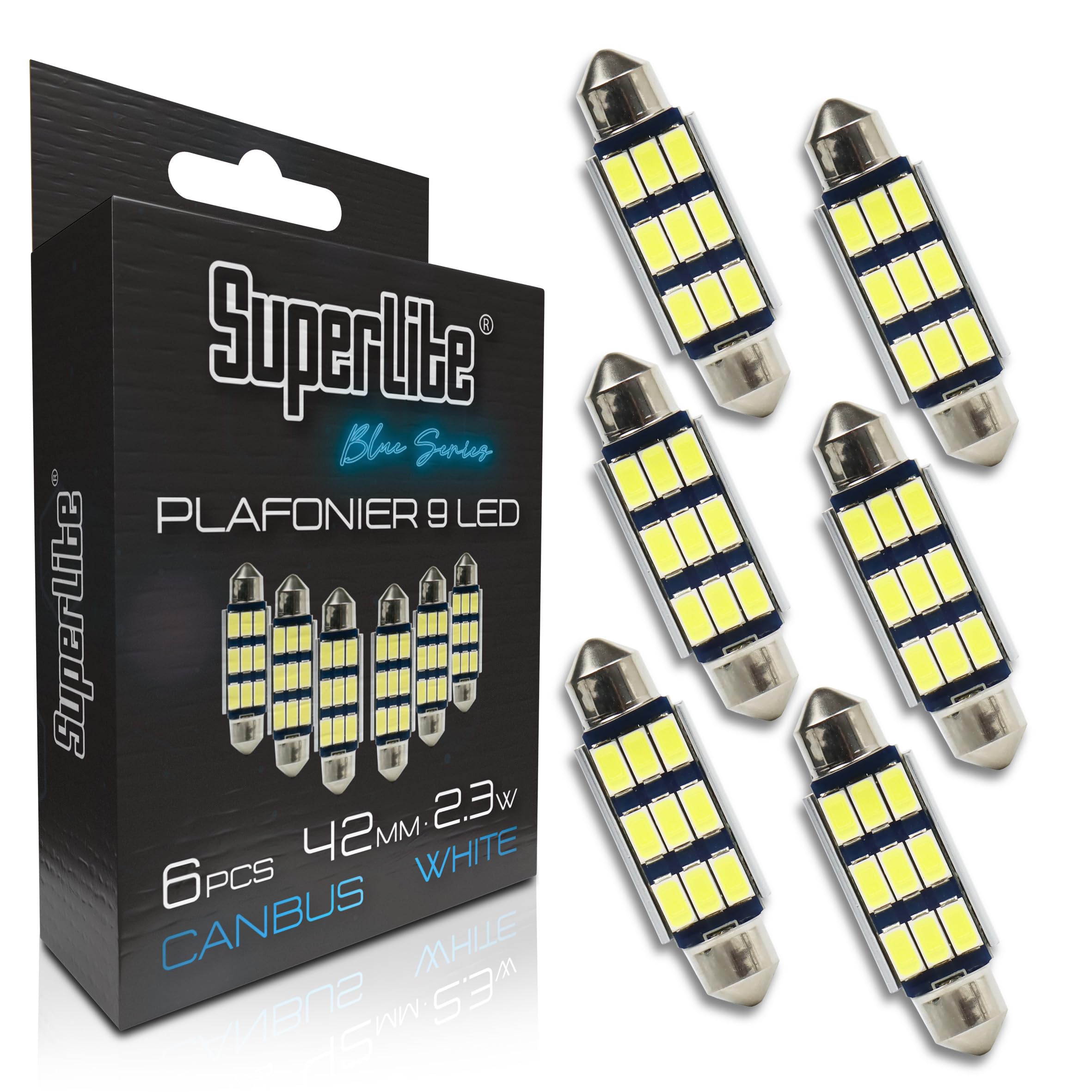 Superlite Set of 2 T10 Bulbs with 18 Leds from the Blue Series range. CanBus Technology and 6500K Colour Temperature. Ideal for Car and Truck.