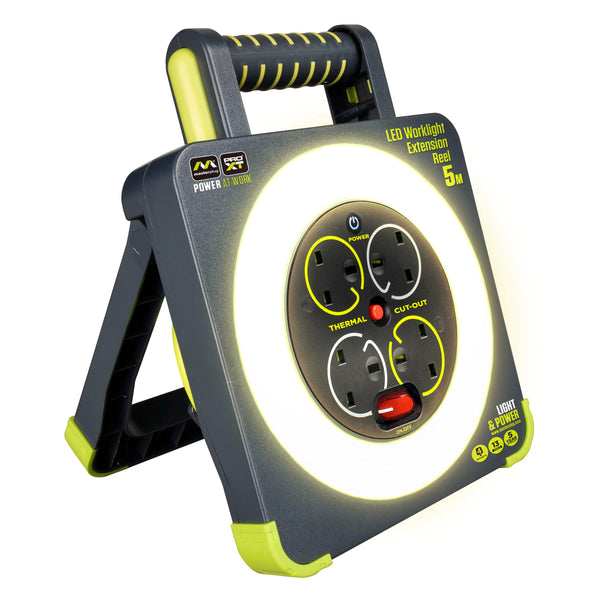 Masterplug Pro-XT Four Socket Open Cable Reel Extension Lead with Winding Handle, Thermal Cut Out and Power Switch, 25 Metres High Visibility Cable , Green