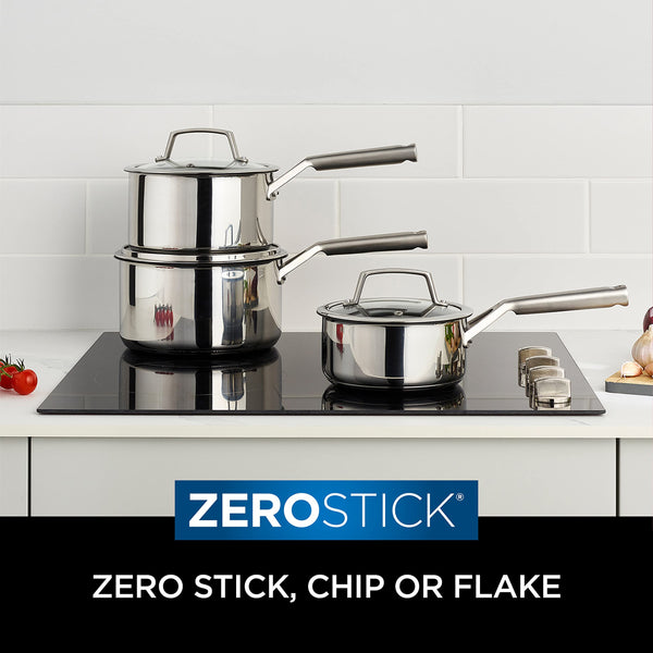 Ninja ZEROSTICK 5-Piece Pan Set, Long Lasting Non Stick,16cm, 18cm & 20cm Saucepans with oven-safe glass lids, 16cm Milk Pan, 24cm Frying Pan, Stainless Steel Cookware C6500UK