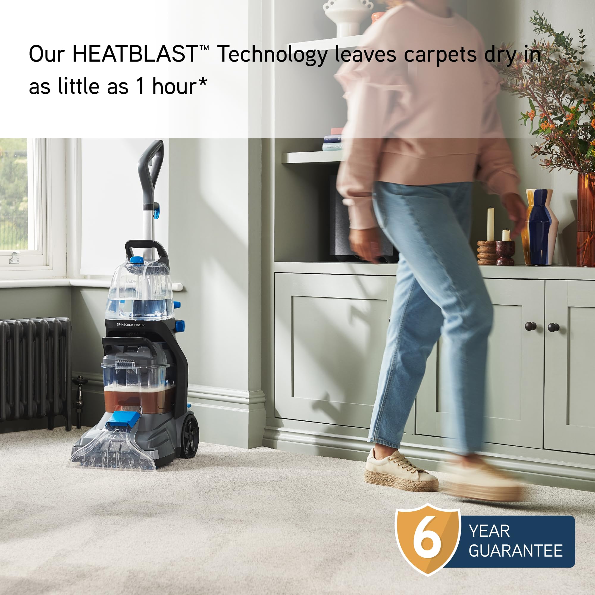 Vax SpinScrub Power Plus Carpet Cleaner, Carpet Cleaning Machine, Stain Remover, 6 Year Guarantee, XL Capacity, Quick Dry Time, Deep Clean, Grey/Navy Blue, CDCW-SSXA