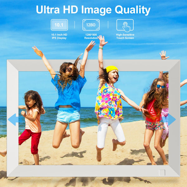 10.1 Inch WiFi Digital Photo Frame Built in 32GB Memory, 1280x800 IPS LCD Touchscreen, Auto-Rotate and Audio, Quick and Easy Share Photos or Videos via the Frameo App, the Best Choice for Gifting