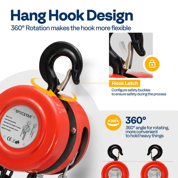 SPECSTAR Hand Chain Hoist 1250kg Capacity 3m with 2 Heavy Duty Hooks Manual Chain Fall for Warehouse Building Automotive Machinery