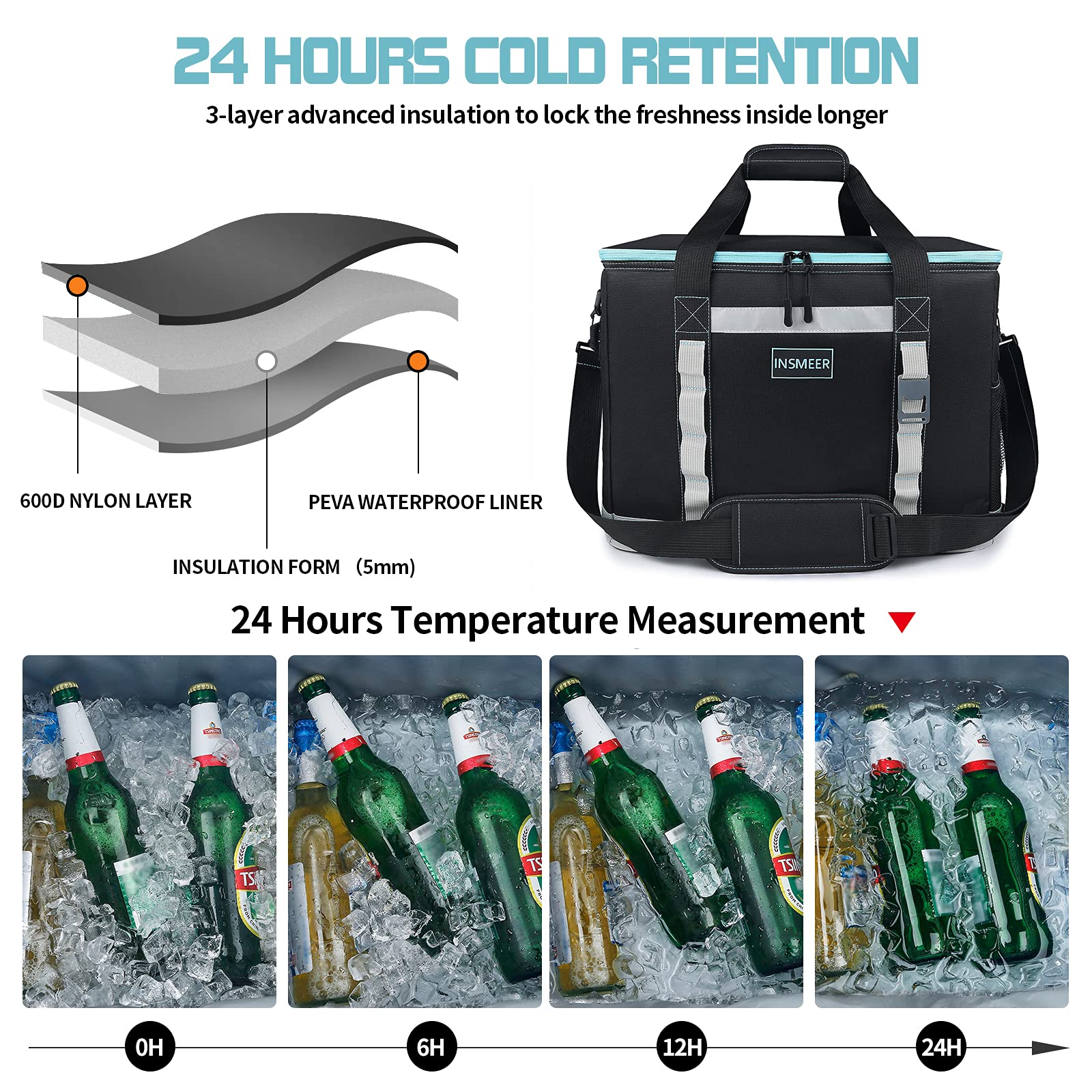 INSMEER Large Cooler Bag 65 Can, Soft Cooler Insulated 48L Foldable/Collapsible/Leakproof,with Opener&Removable Shoulder Strap, Portable Thermal Bag