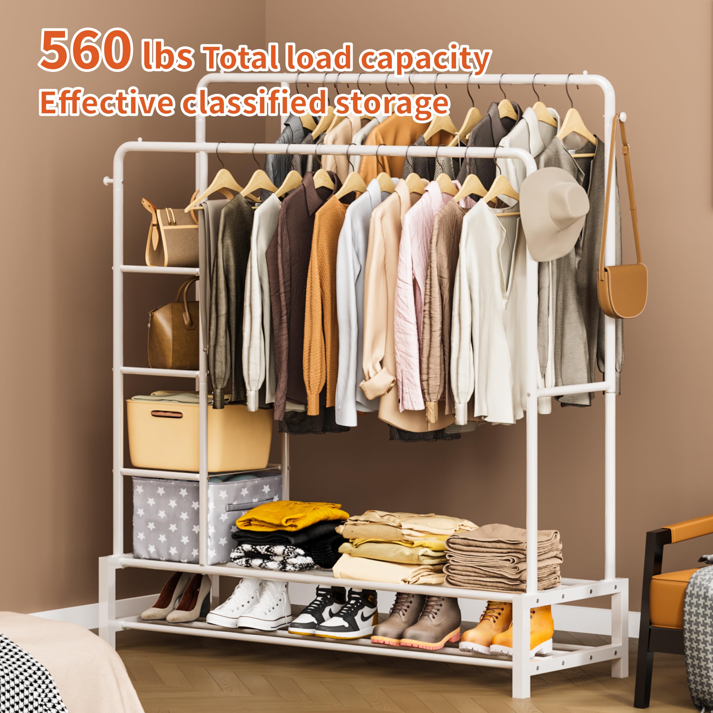 JOISCOPE Wide Clothes Rail, 66.9*47.2 inch Clothing Rack for Bedroom, Clothes Rack with 2 Hanging Rails, 4 Hooks, 4 Side Shelves, and Bottom Shelve,