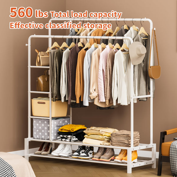 JOISCOPE Wide Clothes Rail, 66.9*47.2 inch Clothing Rack for Bedroom, Clothes Rack with 2 Hanging Rails, 4 Hooks, 4 Side Shelves, and Bottom Shelve,