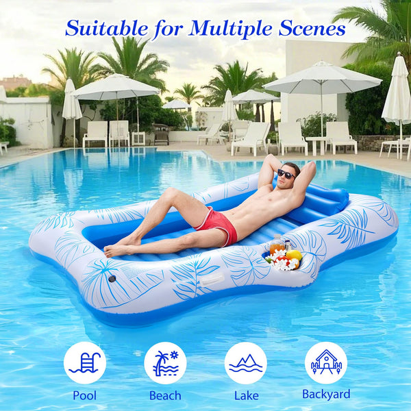 MoKo Pool Floats Adult, Floating Bed with Ice Bar, Tanning Bed Pool Raft Inflatable Lounger with Drink Holder Tanning Chair Inflatable Pool Toys for Party Beach Backyard