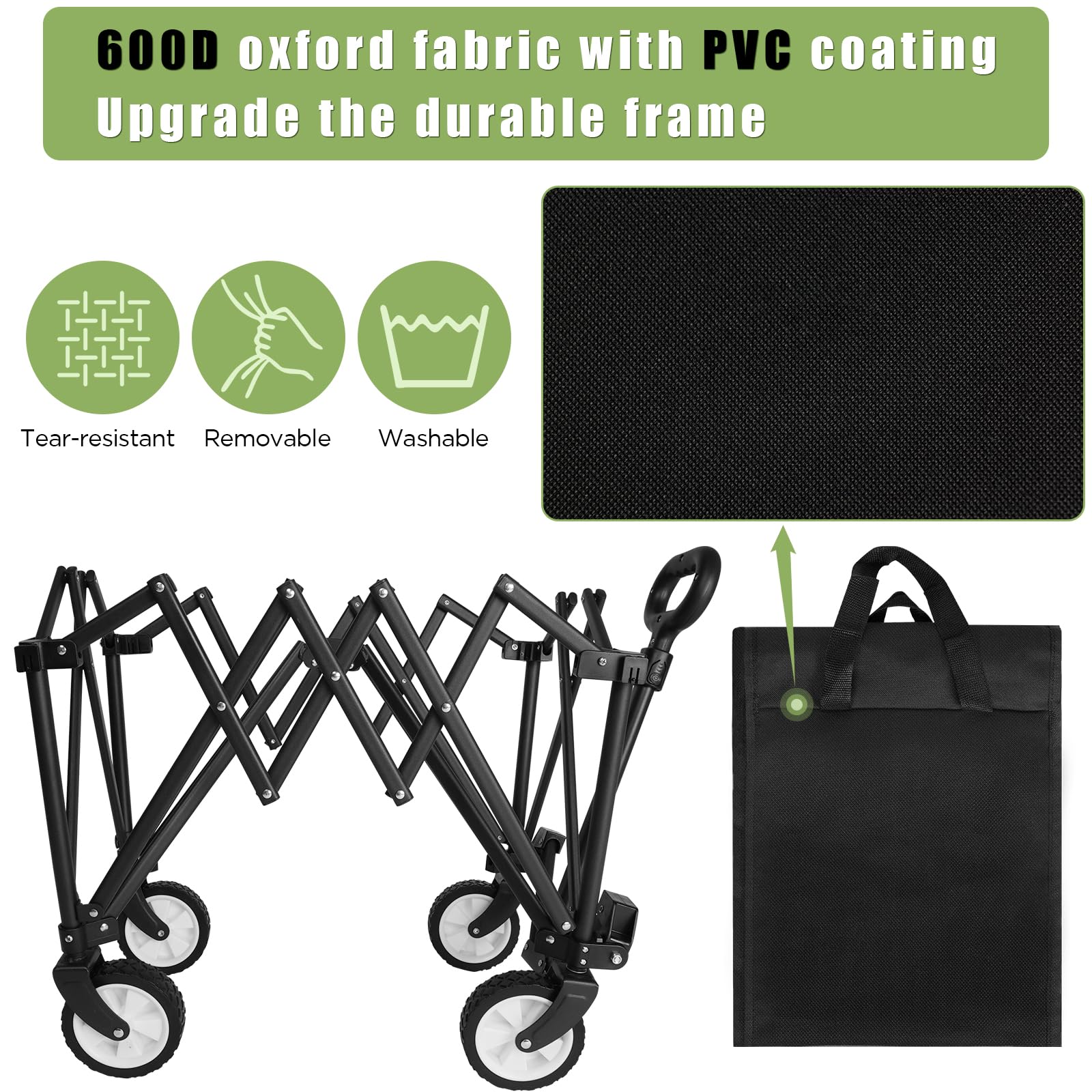 Foldable Cart on Wheels, Folding Wagon 220LBS/100kg Large Capacity All Terrain Wheels with Adjustable Handle & Cover Bag, Picnic Transporter for