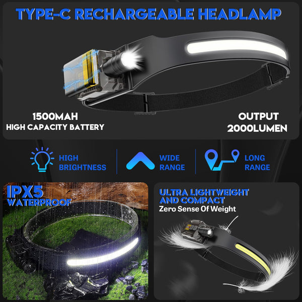 Head Torch Rechargeable,2000 Lumens Super Bright 230° Wide Beam Adjustable Focus Headtorch With Motion Sensor,9 Modes With UV Light,Detachable Magnetic Lightweight Headlamp For Running,Camping,Hiking