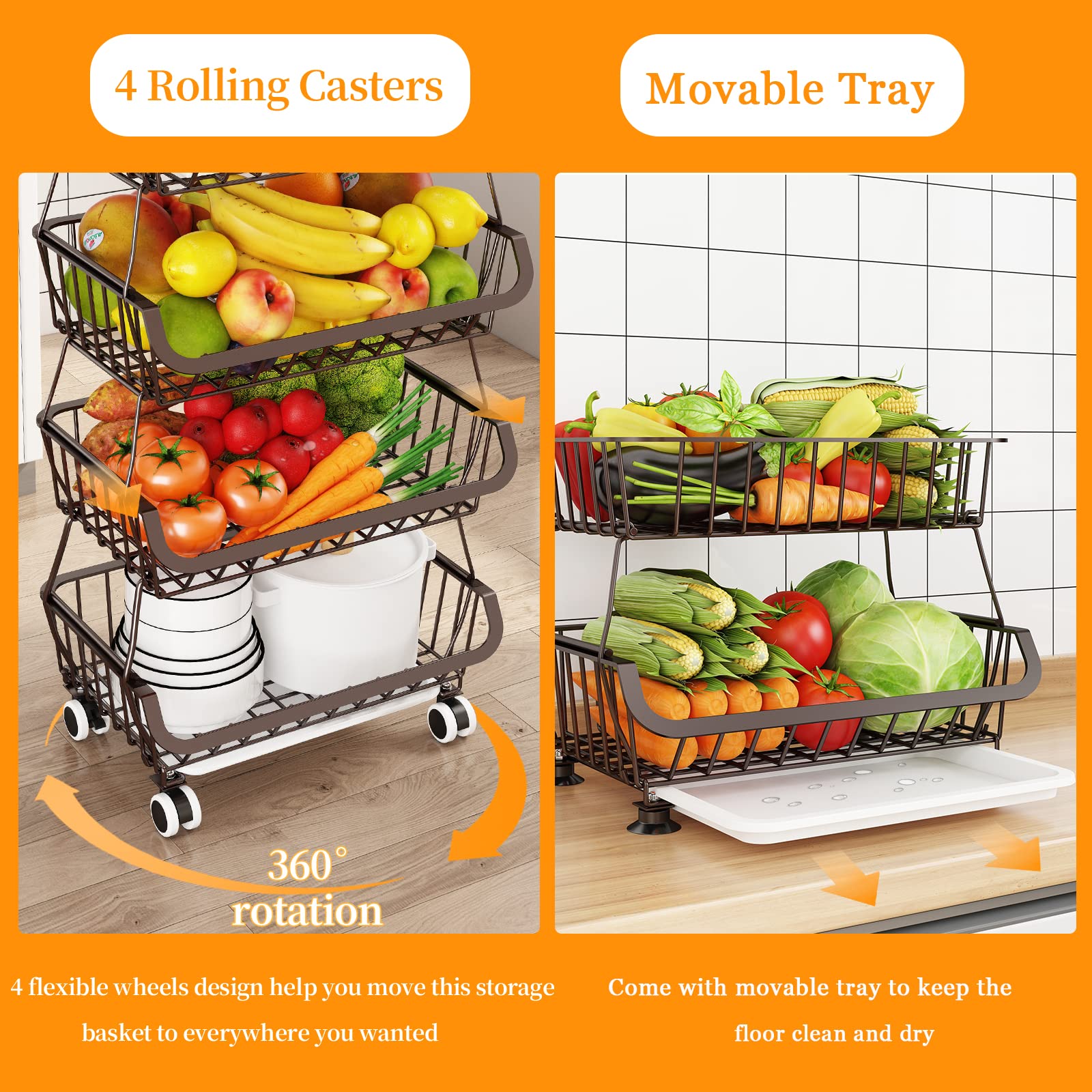 Fruit Vegetable Storage Basket for Kitchen - 4 tier Stackable Metal Wire Baskets Cart with Rolling Wheels Utility Fruits Rack Produce Snack Organizer