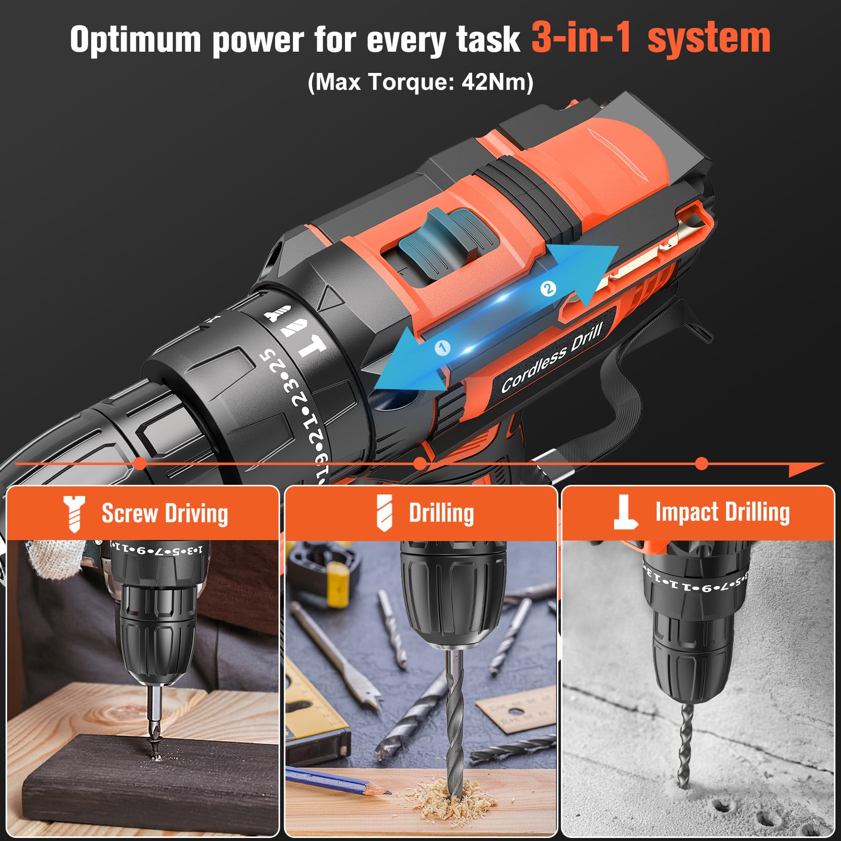 DYJPOW Brushless Cordless Hammer Drill Driver 21V, 2 Batteries 2000mAh, 20+3 Torque, 45N.m Max, 14PCS Drill Bits, 2 Speed, LED Light for Home, Garden DIY