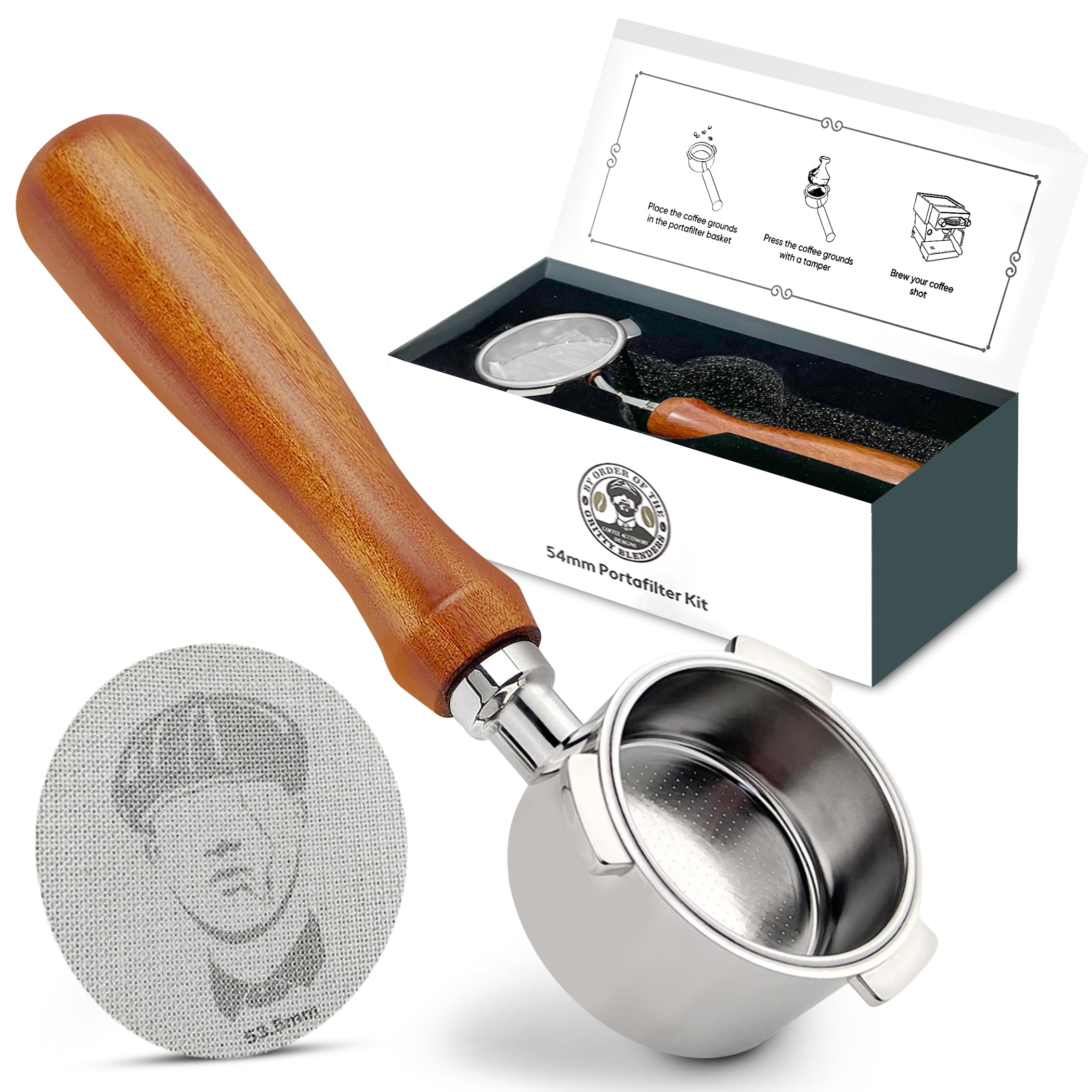 Gritty Blenders - Bottomless Coffee Portafilter 54mm with Compatible Puck Screen and Basket | Compatible with Sage Breville Barista Series 500-880,