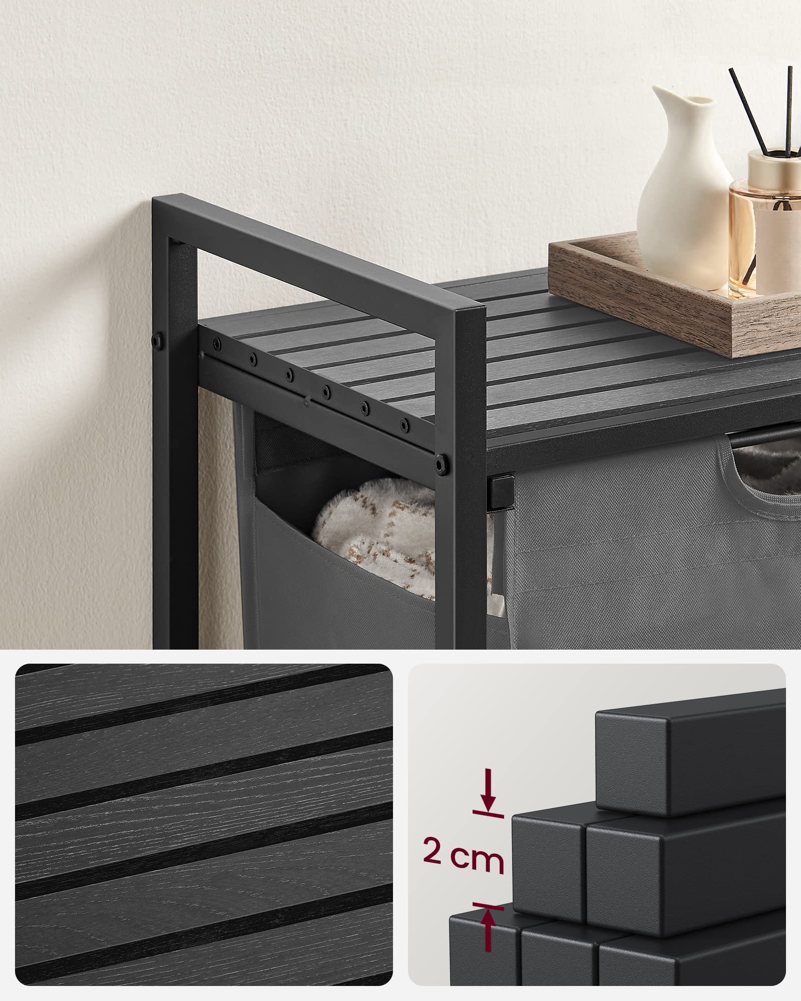 VASAGLE Laundry Basket, Laundry Hamper, Pull-Out and Removable Liner Bag, Shelf, Metal Frame, 65 L, 50 x 33 x 72 cm, Ink Black and Rustic Brown BLH101B01