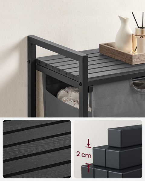 VASAGLE Laundry Basket, Laundry Hamper, Pull-Out and Removable Liner Bag, Shelf, Metal Frame, 65 L, 50 x 33 x 72 cm, Ink Black and Rustic Brown BLH101B01