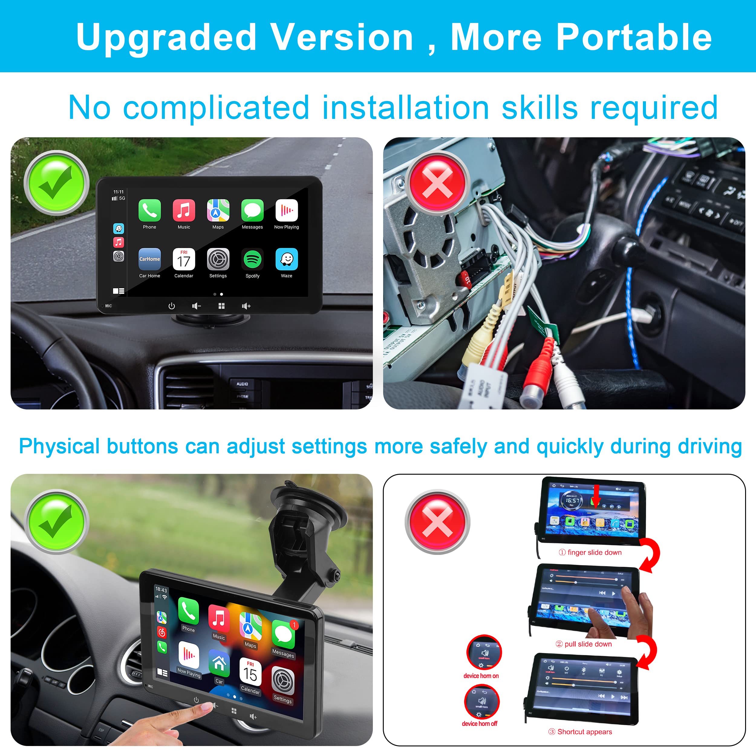 Portable Car Stereo,for Wireless Apple Carplay & Android Auto,7 Inch 1080P HD Touch Screen Radio with BT 5.0, Mirror Link Support Truck RV Dash Mount (7 inch)