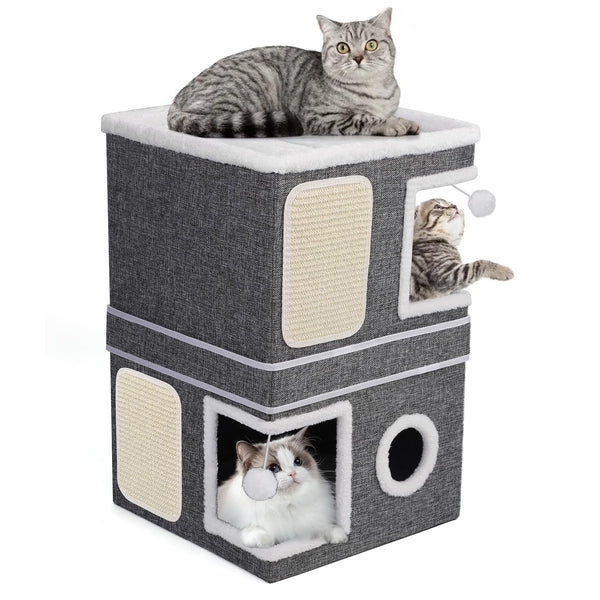 3-Storey Cat House for Indoor Cat, Separate Into 2 Large Cat Bed Cave with Hideaway Condos, Scratch Pads, Hanging Balls, Foldable Indoor Cat House