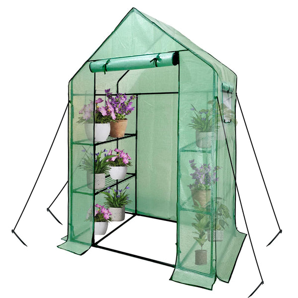 Grandhom Walk In Greenhouse With Shelves,Walk-In Plant Plastic Green House With Durable Green PE Cover, 3 Tiers 6 Shelves Greenhouse Frame Stands with