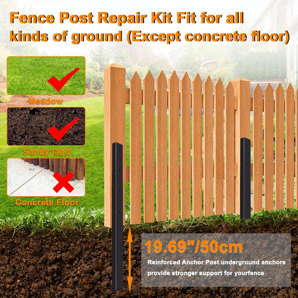 Fence Post Repair Spike - 2 Pack Heavy Duty Fence Post Support Ground Spike for Tilted or Broken Wooden Fence Posts, Durable Garden Fencing Solution