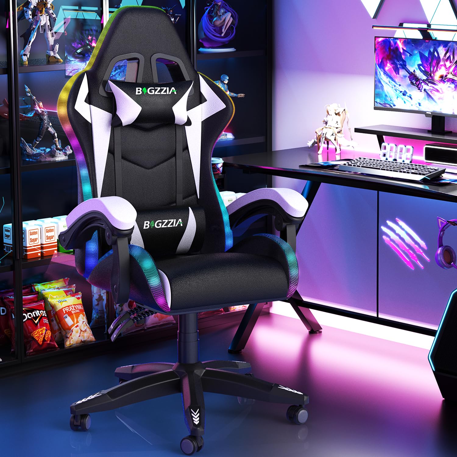 bigzzia RGB Gaming Chair with LED Lights and Ergonomic Computer Chair Reclining PU Leather High Back Video Game Chair with Headrest Adjustable Lumbar Support Linkage Armrest for Adults (Black/Grey)