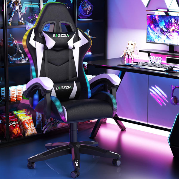 bigzzia RGB Gaming Chair with LED Lights and Ergonomic Computer Chair Reclining PU Leather High Back Video Game Chair with Headrest Adjustable Lumbar Support Linkage Armrest for Adults (Black/Grey)