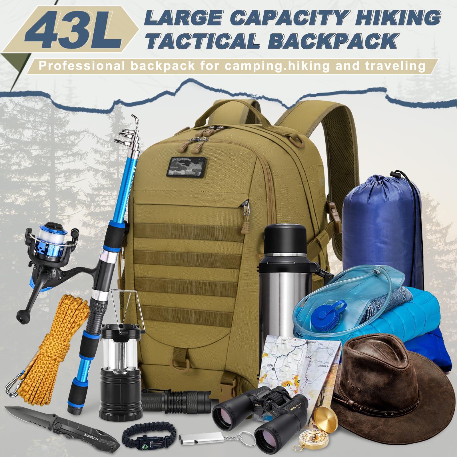 RAINSMORE Military Tactical Backpack Large Hiking Camping Rucksack 40L Water Resistant Molle Hunting Trekking Rucksack Black