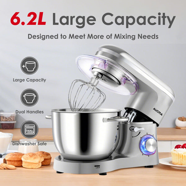 Aucma Stand Mixer, 6.2L Food Mixers for Baking, Electric Kitchen Mixers with Bowl, Dough Hook, Wire Whip & Beater (6.2L, Black)