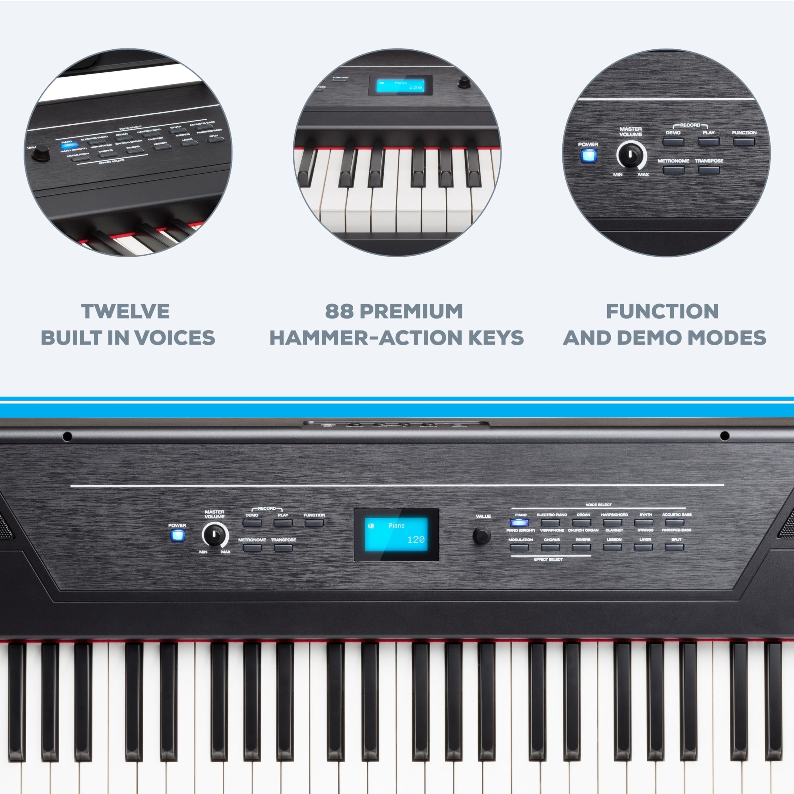 Alesis Recital Home Digital Piano with 88 Hammer Action Weighted Keys, Stand, Pedals and Lessons, Turquoise