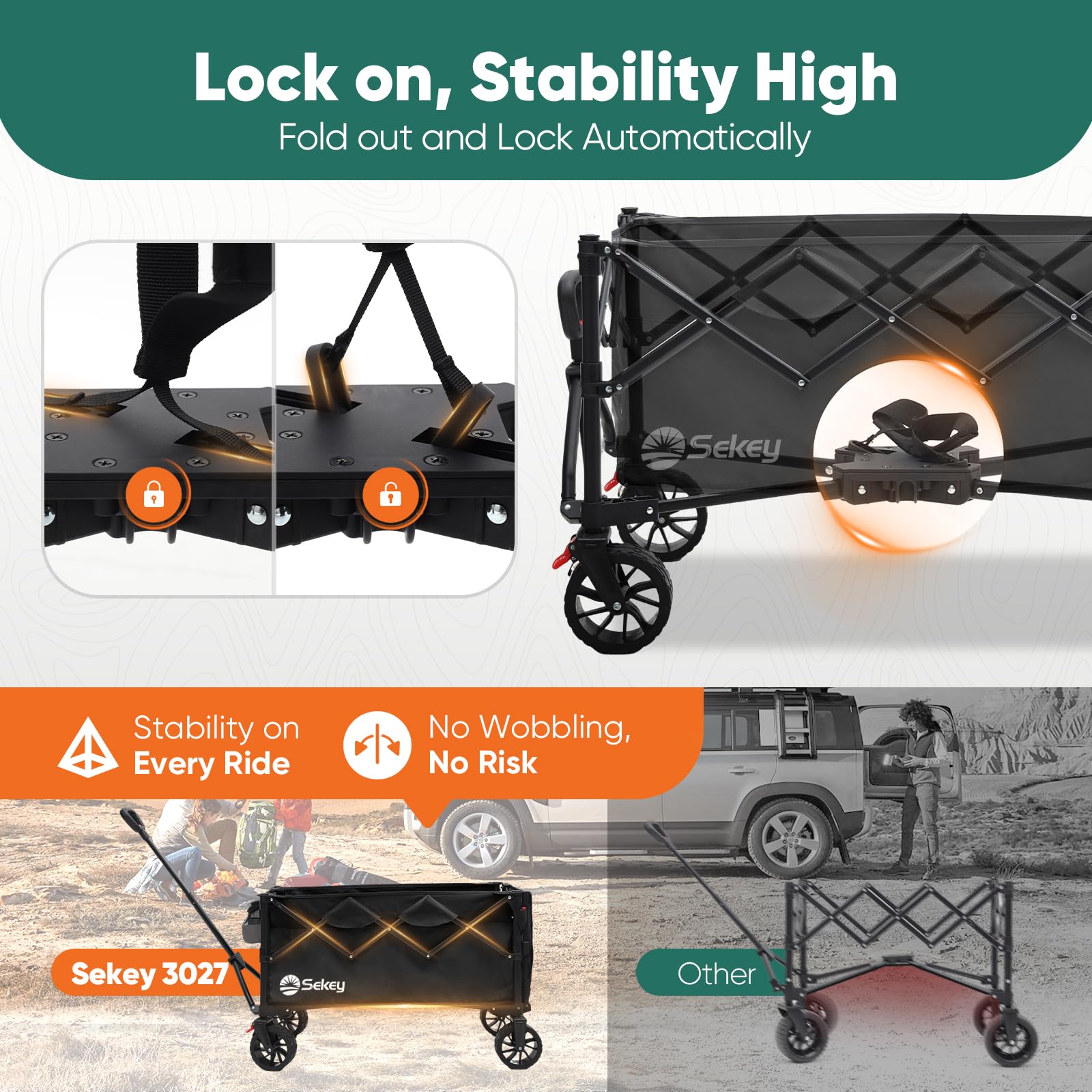 Sekey 332L Folding Festival Trolley with Expandable Tailgate, Patented Design Beach Cart - Diamond Collapsible, Wide All-Terrain Wheels, Brake, 350LB Load Capacity Heavy Duty Wagon for Camping, Black
