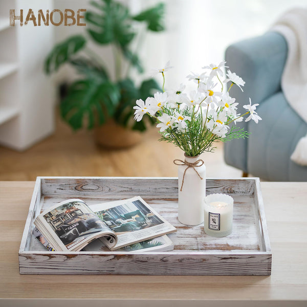 Hanobe Large Serving Ottoman Tray: Extra Large Wood Serving Tray with Handles Rustic White Decorative Coffee Table Trays Farmhouse Home Decor for