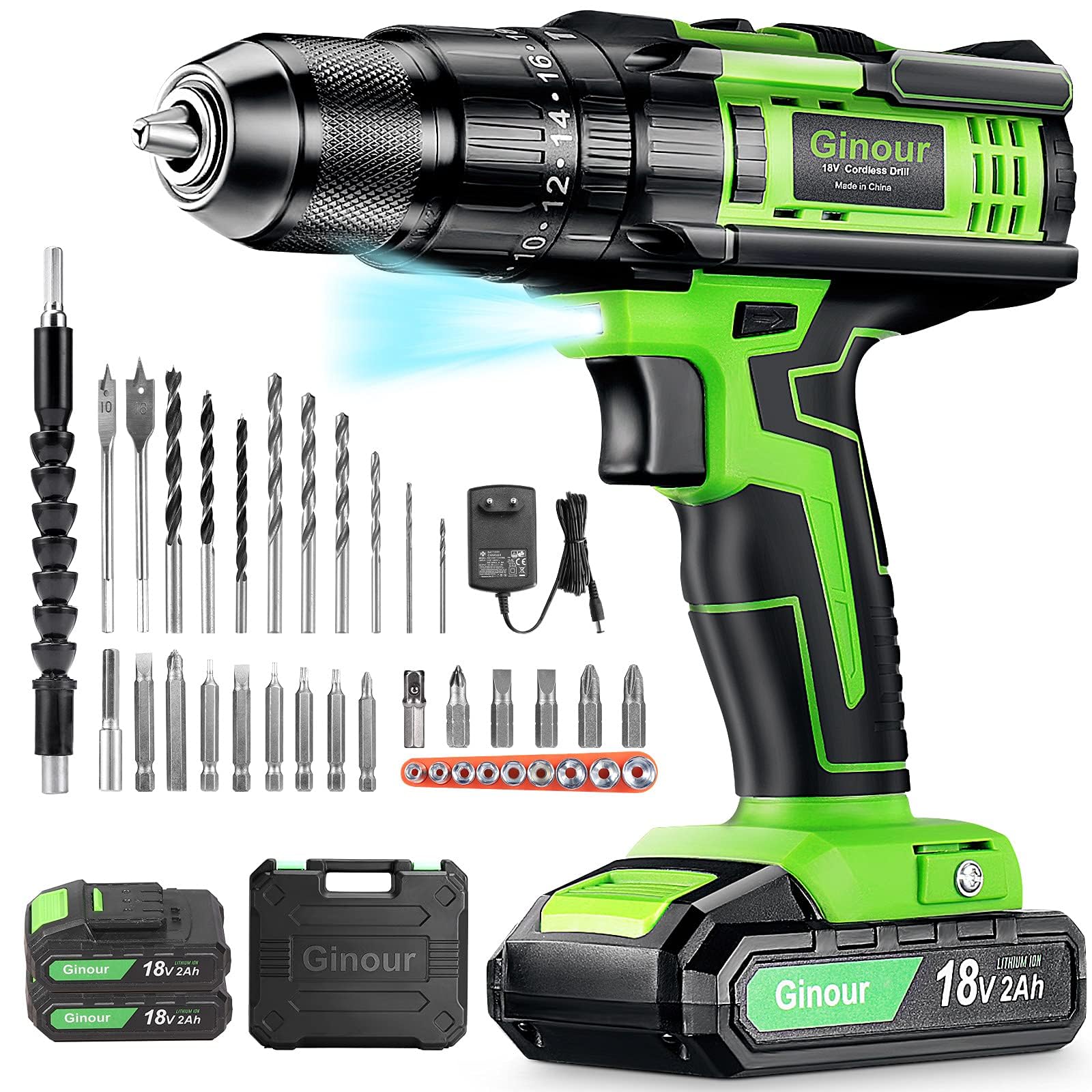 Ginour 21V Brushless Cordless Combi Drill Set, 2x1.5Ah, Hammer Drill 50Nm, compatible with Makita 18V Battery, 23+3 Torque, 2 Speed, 48PCS Electric Screwdriver kit, Impact drill for Masonry Wood Metal