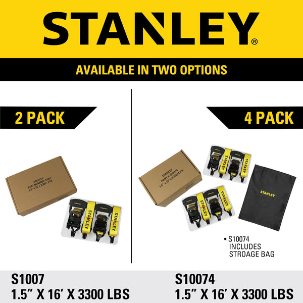 STANLEY S1007 Black/Yellow 1.5" x 16' Ratchet Tie Down Straps - 1,100 lb Safe Working Load / 3,300 lb Break Strength, 2 Pack