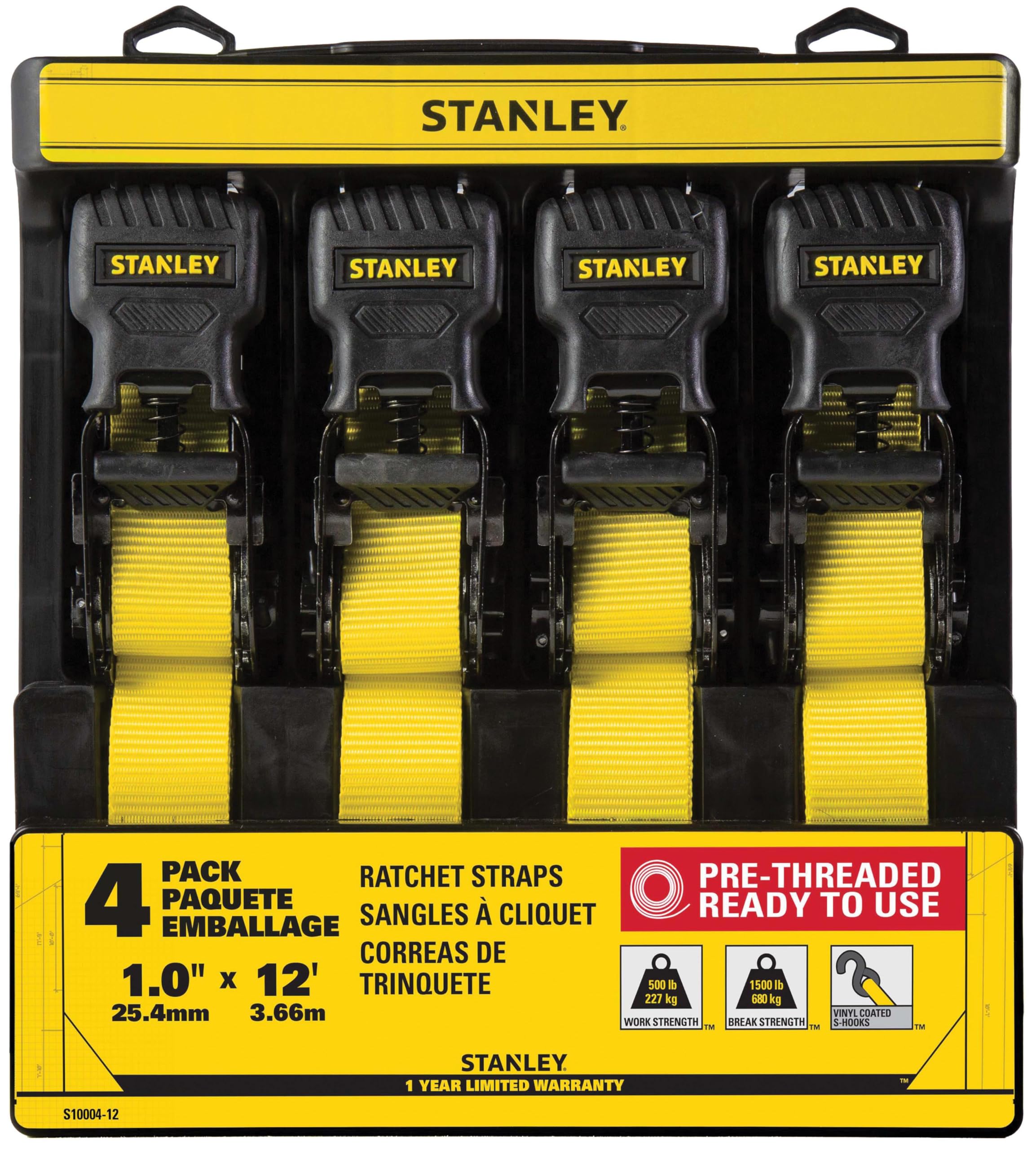STANLEY S1007 Black/Yellow 1.5" x 16' Ratchet Tie Down Straps - 1,100 lb Safe Working Load / 3,300 lb Break Strength, 2 Pack