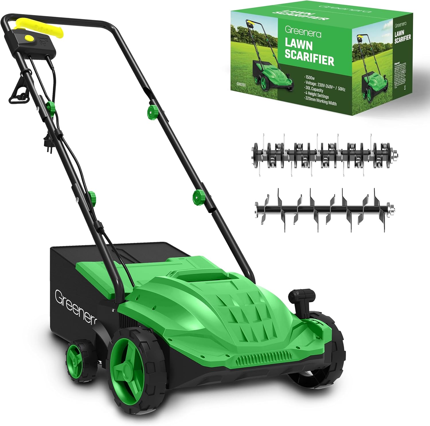 1500w Electric 1500w Electric Lawn Scarifier Aerator Lawn Rake 30L Collection Box 32cm Working Width 4 Adjustable Scarifying Heights 2 Interchangeable Rollers Foldable Handles 10M Cable Length