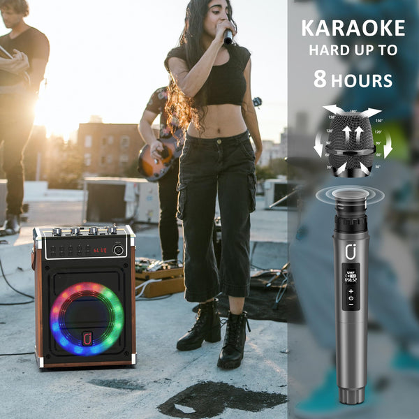 JYX Karaoke Machine with 2 UHF Wireless Microphones, Bass/Treble Bluetooth Speaker with LED Light, Support TWS, AUX In, FM, REC, Supply for Party/Adults/Kids