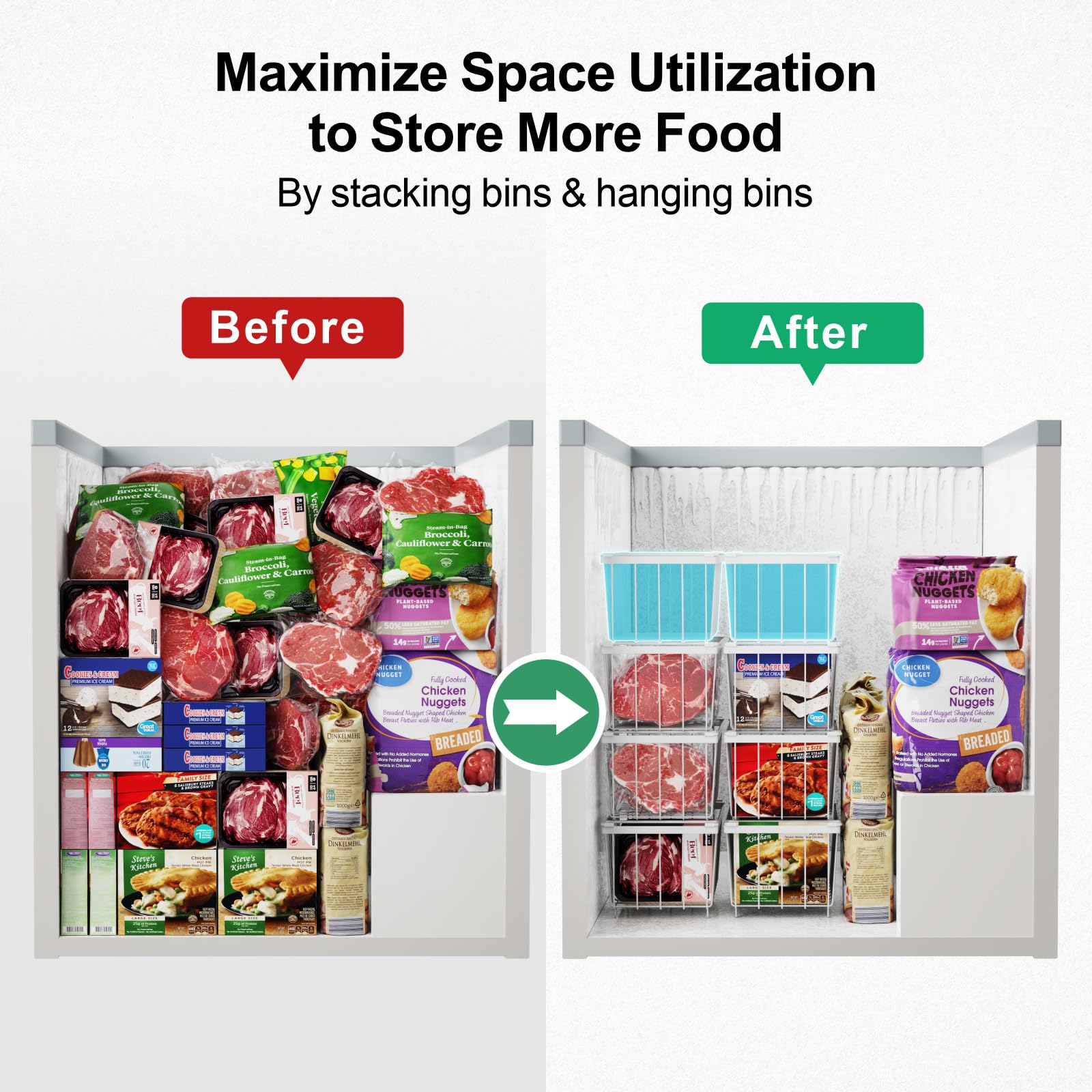 iSPECLE Chest Freezer Organiser - 5 Pack Stackable Baskets for 198L Deep Freezer, Easily Sort and Access Frozen Food with Handles, White