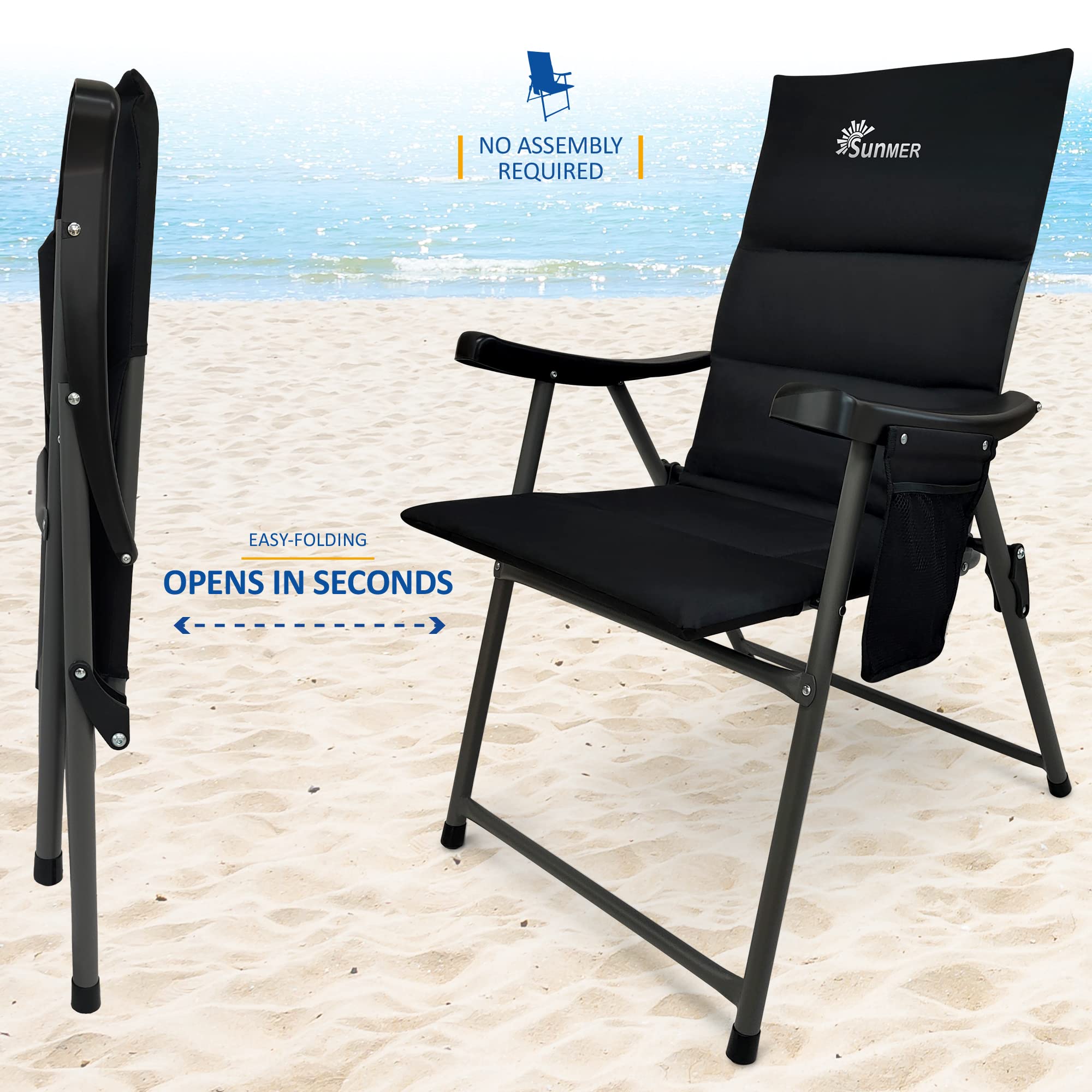 SUNMER Padded Garden Camping Chairs Foldable with Side Pocket, Holds up to 120kg, Lightweight 4kg per Chair, Outdoor Seat for Camping, Fishing, Relaxing - Black