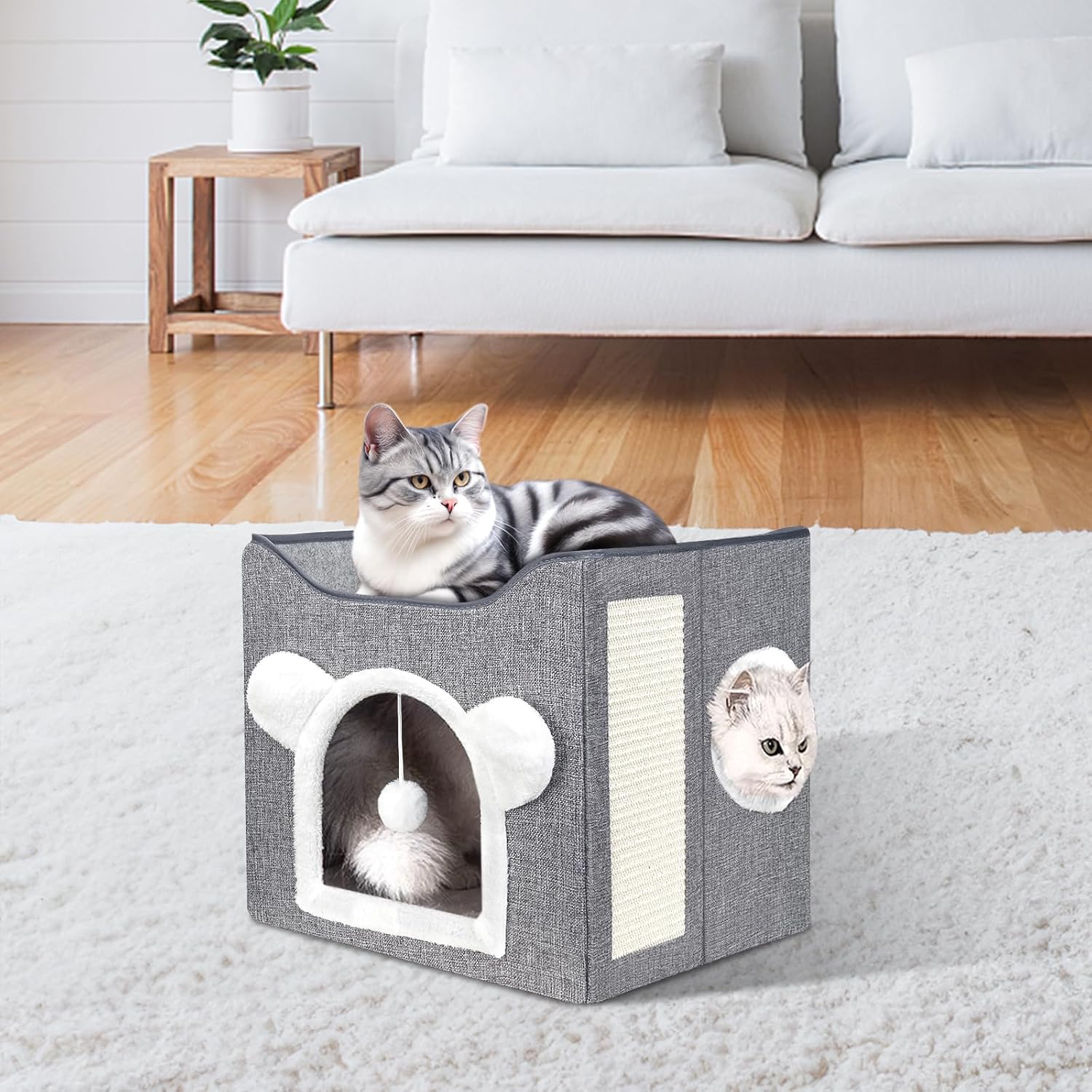 Furjoy Cat Beds, Large Cat Cave for Pet House with Fluffy Ball Hanging and Scratch Pad, Houses & Condos, Cubes, Hideaway, Covered Bed for Multi Small Pet Large Kitty