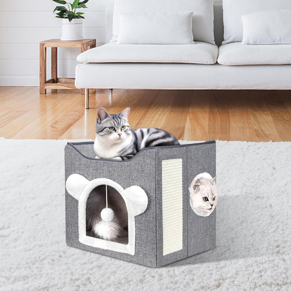Furjoy Cat Beds, Large Cat Cave for Pet House with Fluffy Ball Hanging and Scratch Pad, Houses & Condos, Cubes, Hideaway, Covered Bed for Multi Small Pet Large Kitty