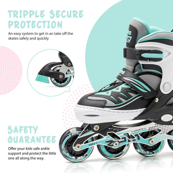 2pm Sports Adjustable Light up Inline Skates, Stylish Design Beginner Roller Skates for Boys and Girls - Mint Medium