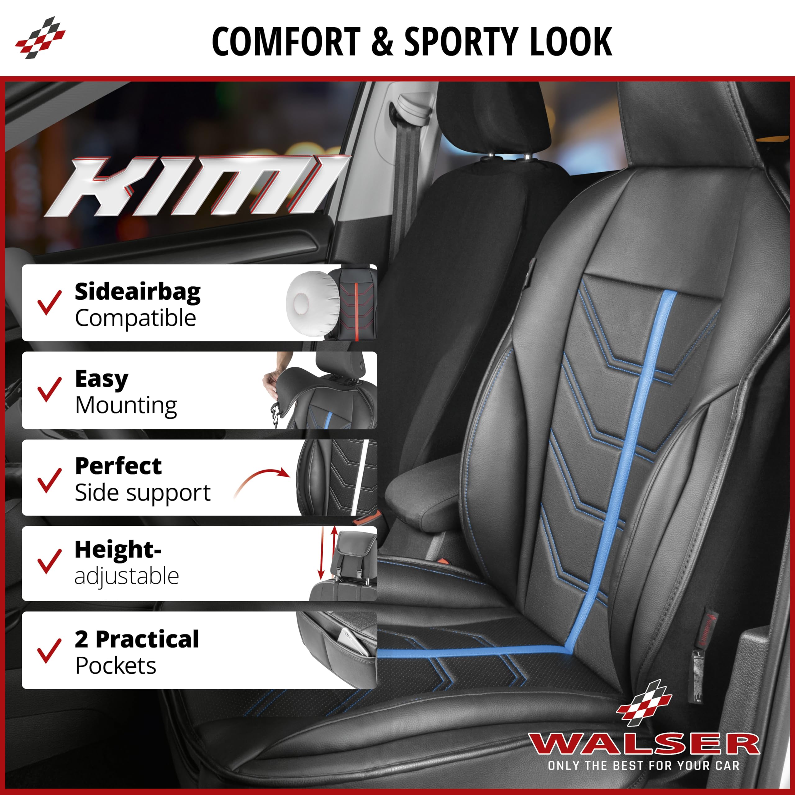 Walser Car seat cover Kimi, universal seat cover and protective pad in red - black, seat protector for cars and vanss in racing look design