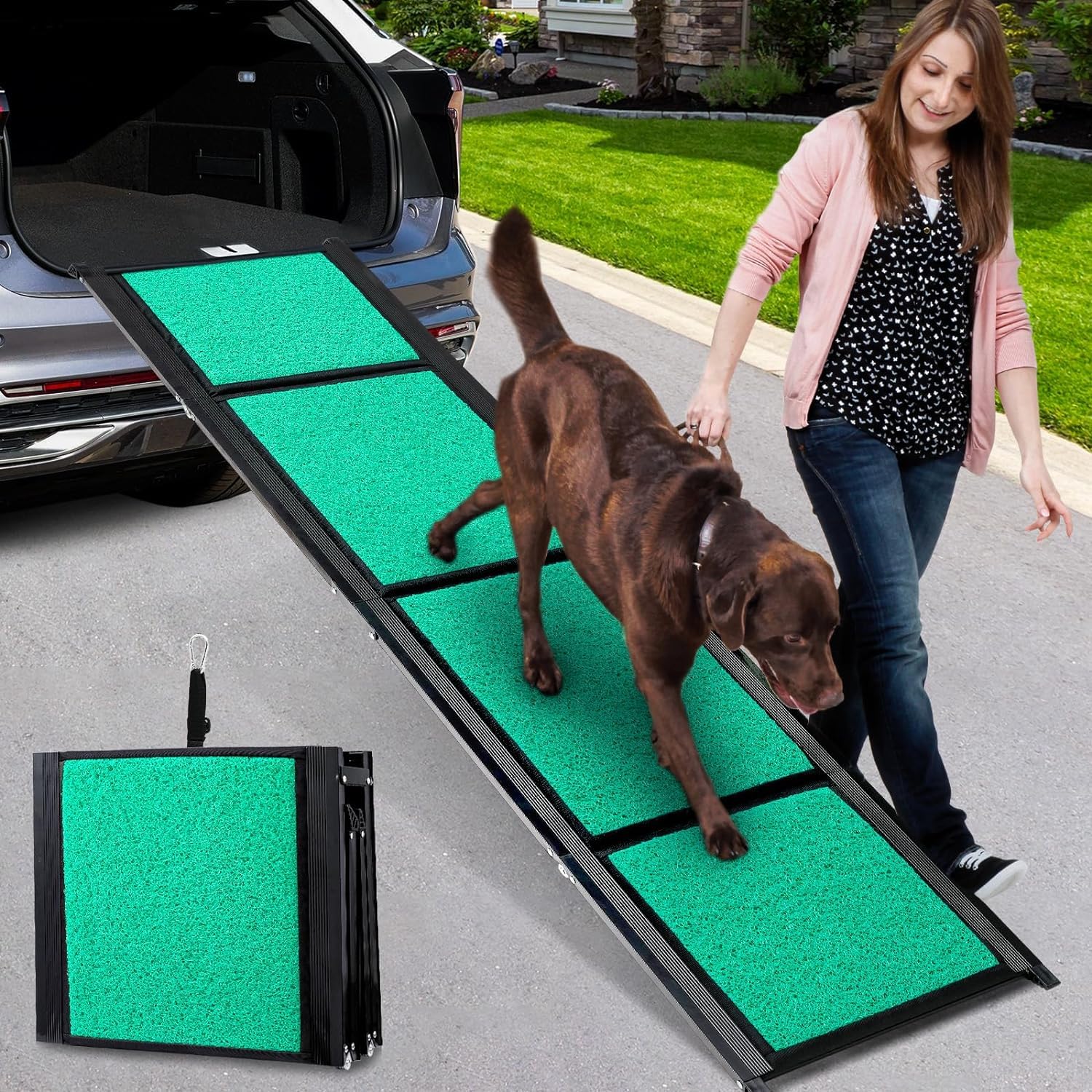 170cm Long Dog Ramp for Cars,43cm Wide Folding Dog Ramp for Large Dogs with High Traction Carpet Surface,Non-slip for Truck,SUV,Portable Pet Ramp Stairs for Medium Large Dog Up to 100kg