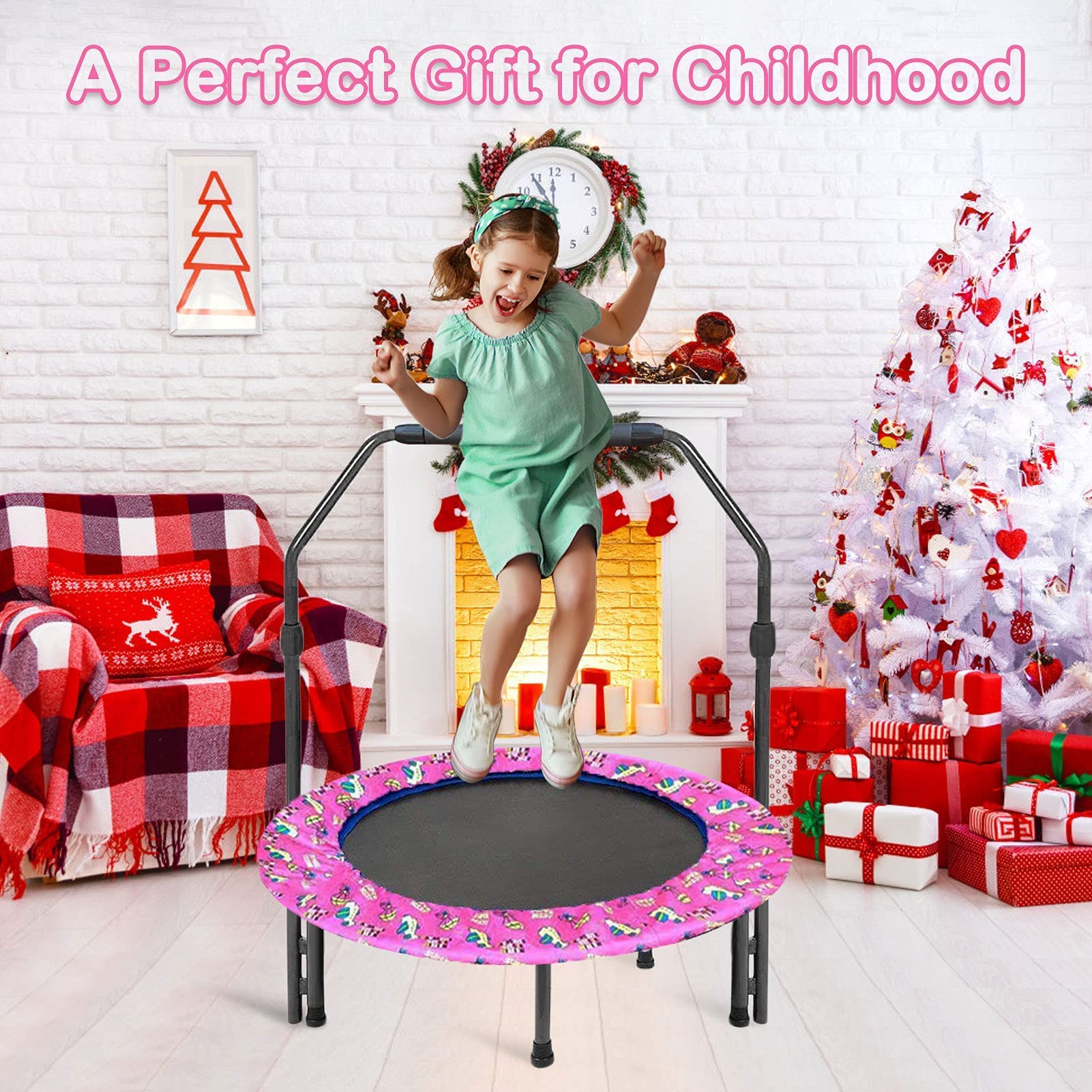 36'' Kids Trampoline Mini Foldable Trampoline with Adjustable Foam Handrail & Safety Padded Protective Cover Fitness Exercise Bungee Rebounder Jumper