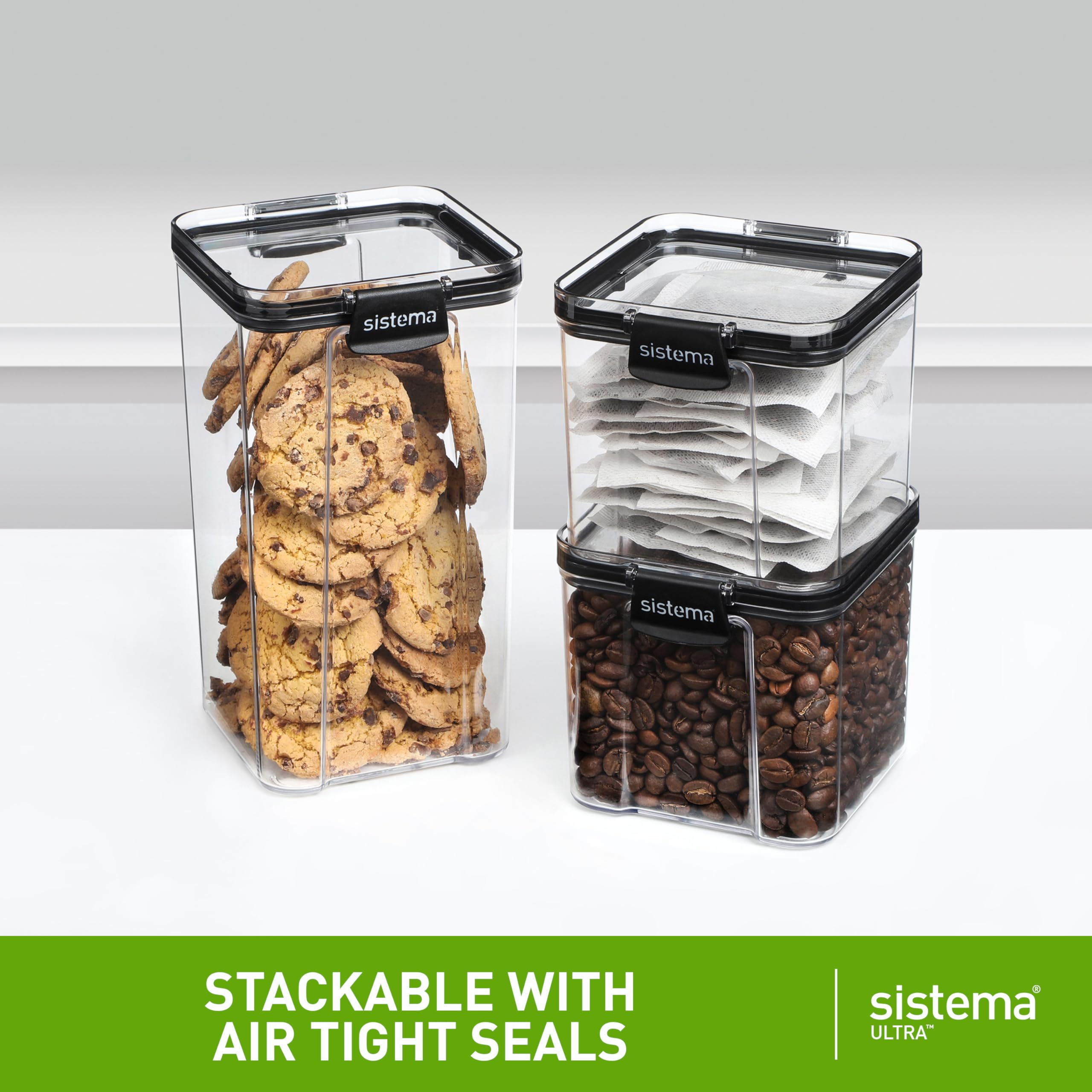 Sistema Ultra Square Airtight Pantry Storage Containers | Assorted Capacity Food Storage Solution | Stackable | Locking Clips | BPA-Free | Clear with