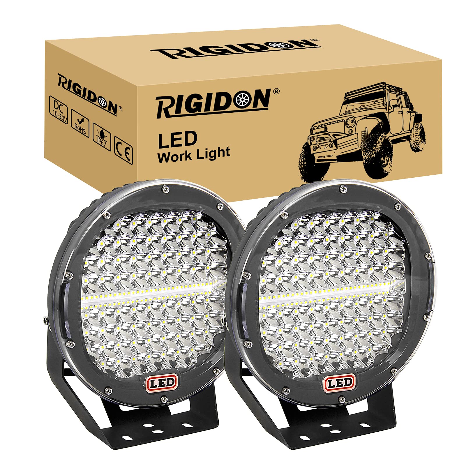 RIGIDON 2 Pcs Black Case Round Led Work Light, 9 inch 294W Spot Beam, 12V 24V Driving Lights Lamp Headlight for Car Off road Boat Truck 4x4 SUV ATV Tractors Excavator, 6000K White, Fog Lamp