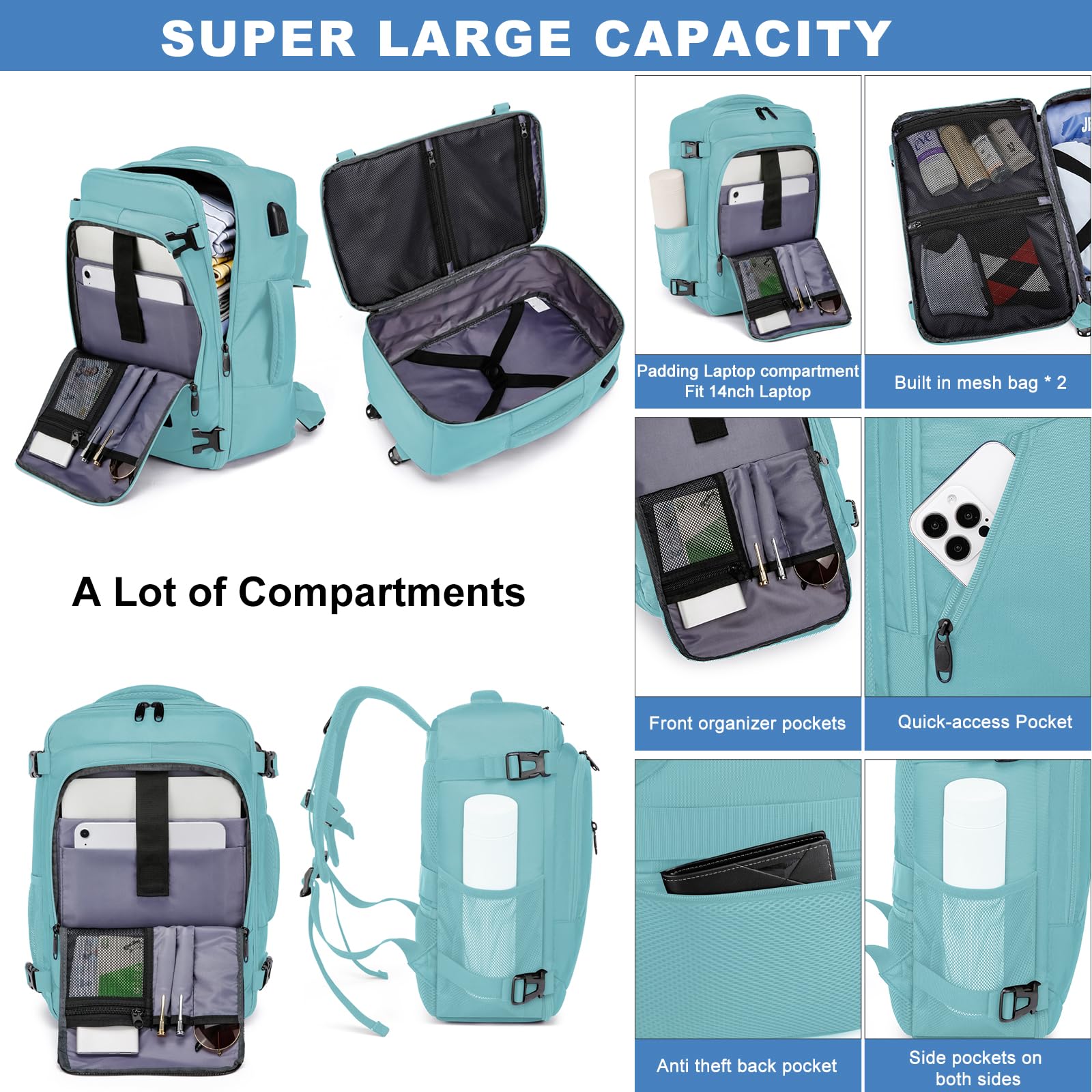 Cabin Bags 40x20x25 for Ryanair Underseat 20L Small Travel Hand Luggage Backpack Carry-ons Bag Cabin Size for Airplanes Flight Bag Travel Rucksack Fit 14 Inch Laptop with USB Charging Port-Black