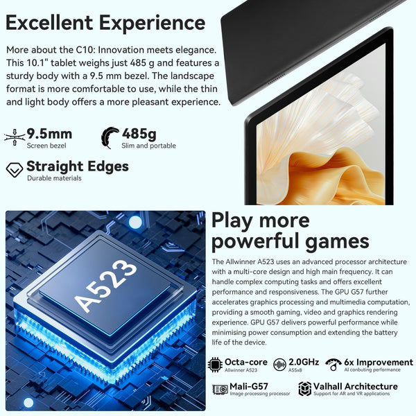 Whitedeer Tablet 10 inch Octa-Core Processor Android 14 Tablet, Face ID丨OTG, 8GB+64GB/1TB TF, 1280*800丨5G WiFi丨BT5.3丨Tab PC with Dual Camera 5MP+8MP, Support Split-Screen, 5000mAh, Widevine L1(Black)