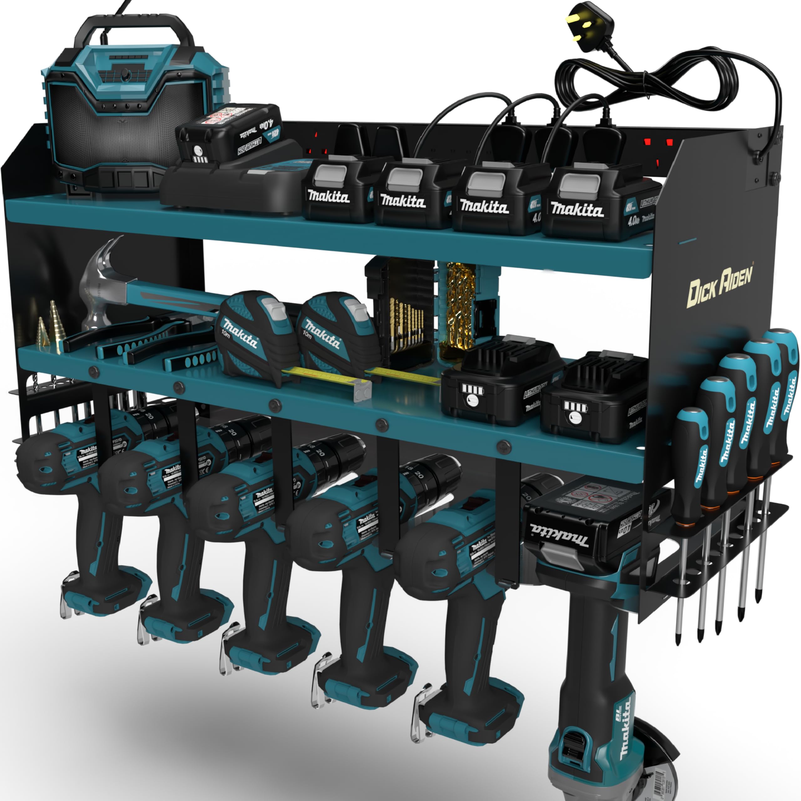 Toolganize Power Tool Organiser, Storage Rack with Power Strip Charging Station, Heavy-Duty for Workshop & Garage Tools - 4 Slot, Milwaukee Red.