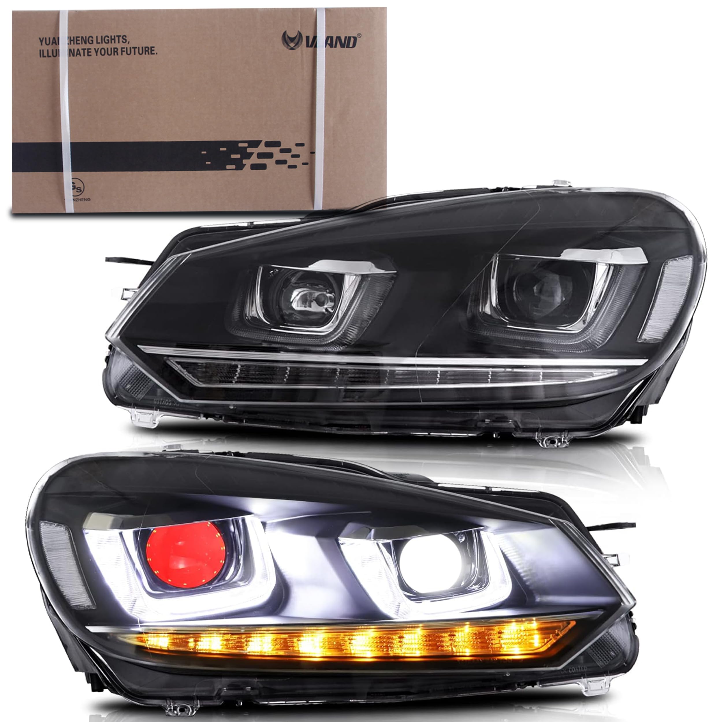 VLAND Headlights Compatible with Golf 7 MK7 TDI TSI 2013-2017, Front Lights with Sequential Indicator, Red Line Headlamps