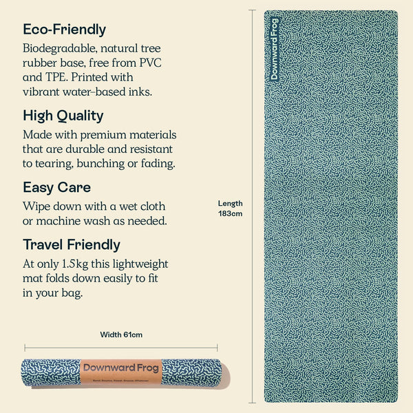 Downward Frog Printed Yoga Mat for Hot Yoga, Bikram, Thick Fitness & Pilates Mat for Comfort - Eco Natural Rubber, Vegan, Microfibre Towel Surface,